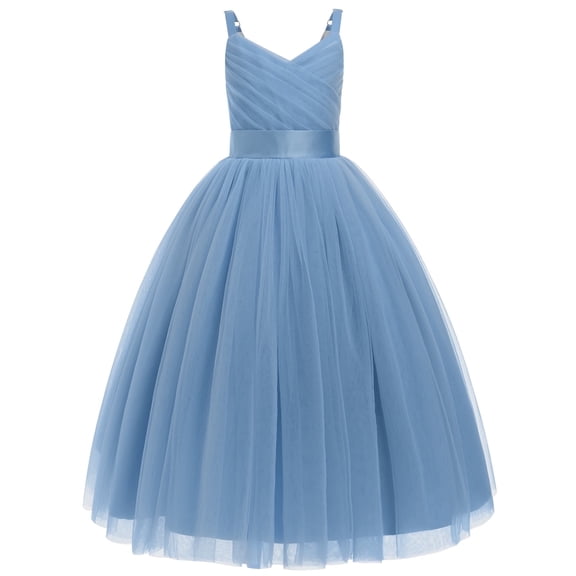 IDOPIP Flower Girl Dresses for Wedding Spaghetti Strap Tulle Princess Pageant Birthday Party Gown 6-14Y Gray Blue