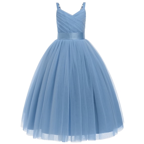 IDOPIP Flower Girl Dresses for Wedding Spaghetti Strap Tulle Princess Pageant Birthday Party Gown 6-14Y Gray Blue