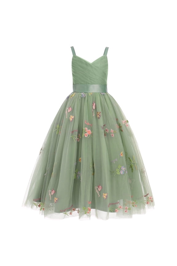 Flower Girl Dress for Wedding Pleated V Neck Satin Tulle Princess Dress Junior Bridesmaids Pageant Formal Ball Gown 6-14Y Green Floral