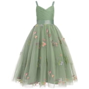 IDOPIP Flower Girl Dress for Wedding Pleated V Neck Satin Tulle Princess Dress Junior Bridesmaids Pageant Formal Ball Gown 6-14Y Green Floral