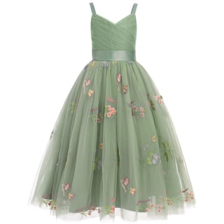 IDOPIP Flower Girl Dresses for Wedding Spaghetti Strap Tulle Princess Pageant Birthday Party Gown 6-14Y Green Floral