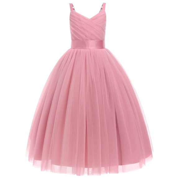 IDOPIP Flower Girl Dresses for Wedding Spaghetti Strap Tulle Princess Pageant Birthday Party Gown 6-14Y Dirty Pink