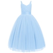 IDOPIP Flower Girl Dresses for Wedding Spaghetti Strap Tulle Princess Pageant Birthday Party Gown 6-14Y Light Blue