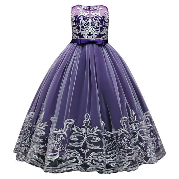 IDOPIP Flower Girl Lace Tulle Dress for Kids Wedding Bridesmaid Birthday Party Formal Princess Gown 7-8 Years,Purple