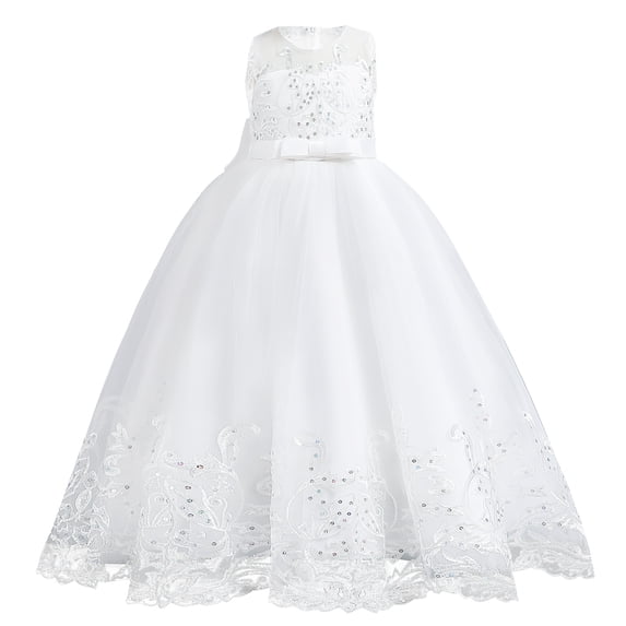IDOPIP Flower Girl Lace Tulle Dress for Kids Wedding Bridesmaid Birthday Party Formal Princess Gown