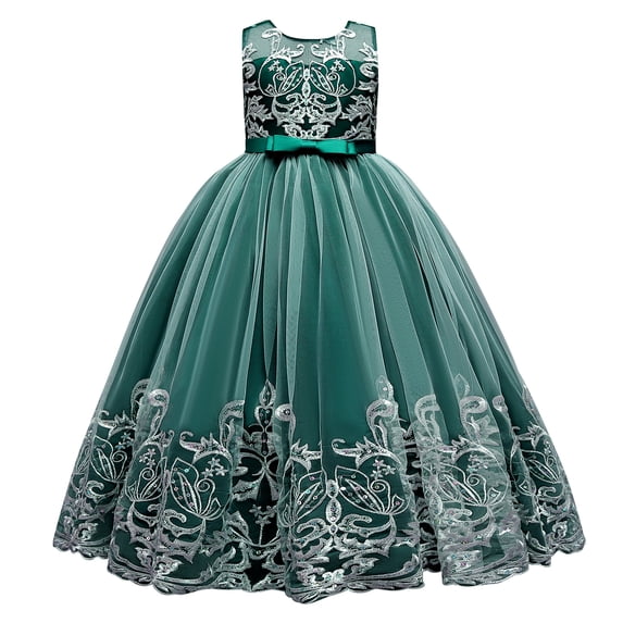 IDOPIP Flower Girl Lace Tulle Dress for Kids Wedding Bridesmaid Birthday Party Formal Princess Gown 5-6 Years,Green