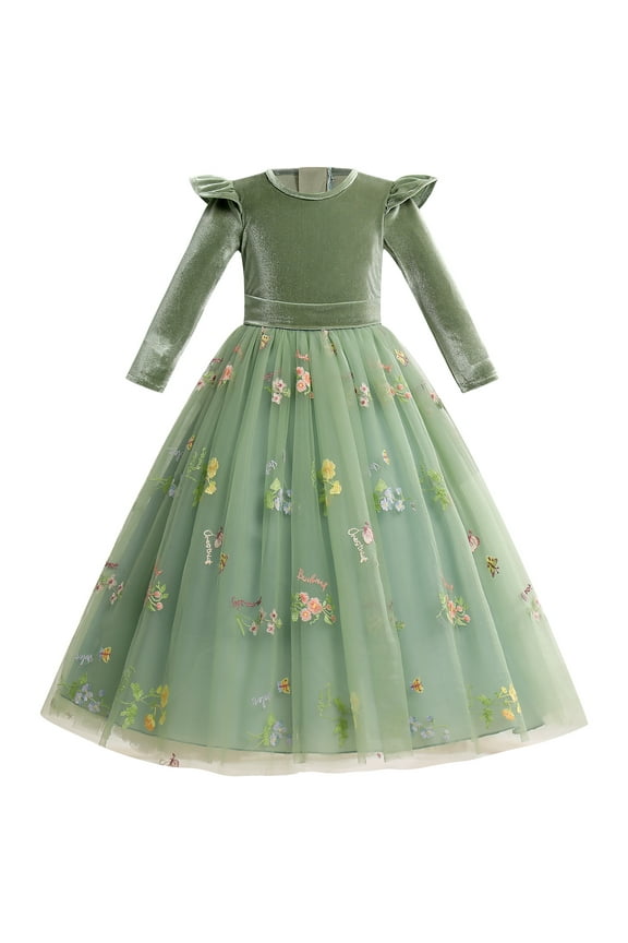 Flower Girls Dress Fall Winter Long Sleeve Embroidery Velvet Tutu Dress Wedding Pageant Ball Gown