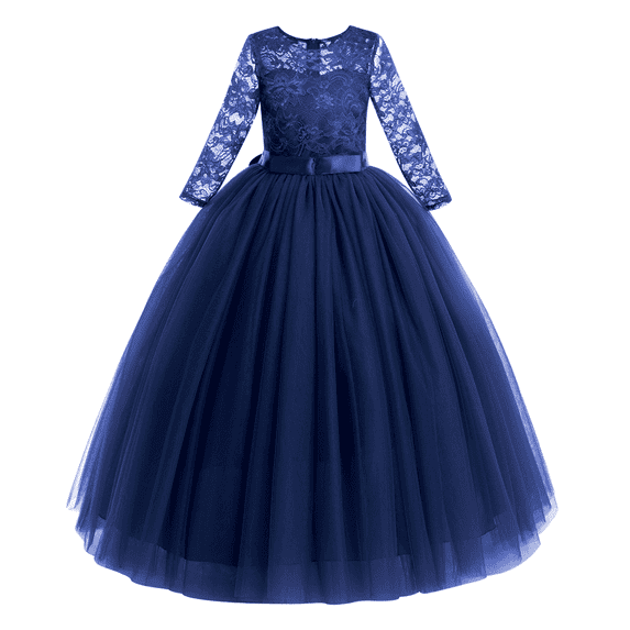 IDOPIP Flower Girls Long Lace Bridesmaid Dress 3/4 Sleeves Floor Length Wedding Party Princess Dress