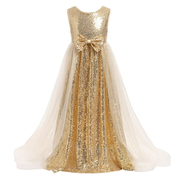 IDOPIP Flower Girls Sequin Dress Sleeveless Sparkly Tulle Long Dress Pageant Birthday Graduation Gown