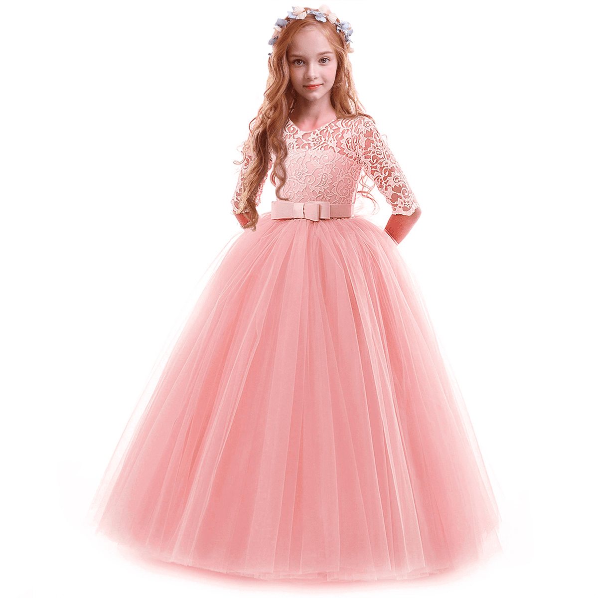 IDOPIP Flower Girls Vintage Lace Dress Kids 3/4 Sleeve Tulle Dresses Wedding  Party Prom Ball Gown - Walmart.com