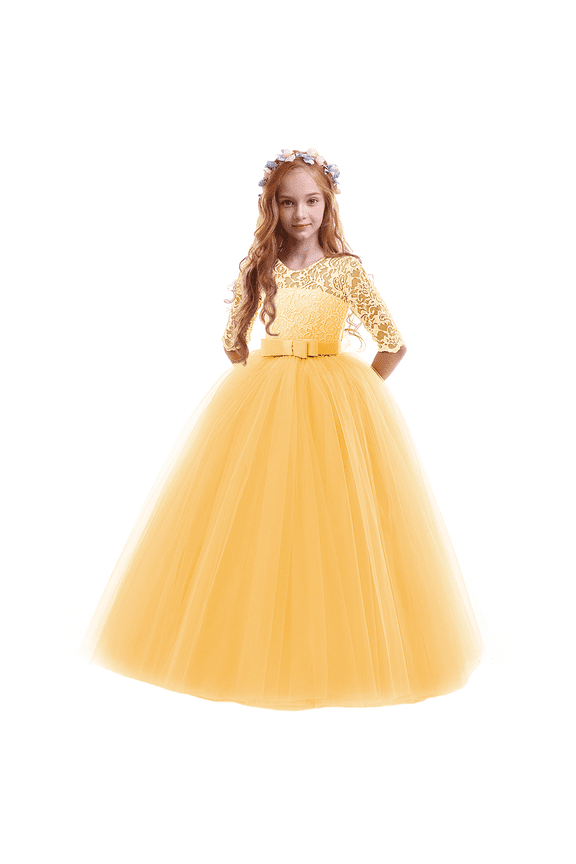 Flower Girls Vintage Lace Dress Kids 3/4 Sleeve Tulle Dresses Wedding Party Prom Ball Gown