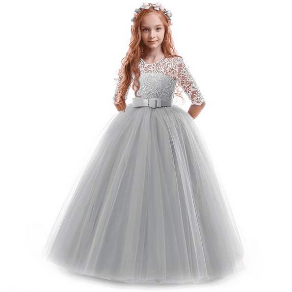 IDOPIP Flower Girls Vintage Lace Dress Kids 3/4 Sleeve Tulle Dresses Wedding Party Prom Ball Gown