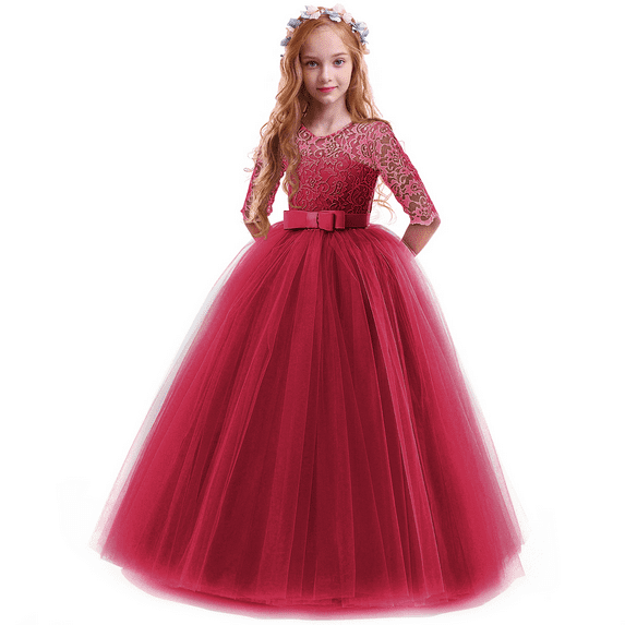 IDOPIP Flower Girls Vintage Lace Dress Kids 3/4 Sleeve Tulle Dresses Wedding Party Prom Ball Gown