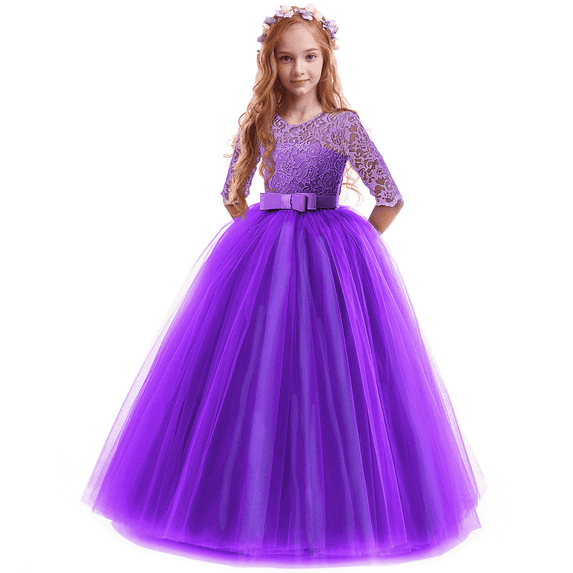 IDOPIP Flower Girls Vintage Floral Lace Dress 3/4 Sleeve Floor Length Tulle Dresses Wedding Party Evening Formal Pegeant Dance Prom Ball Gown 13-14 Years,Dark Purple