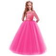 thumbnail image 1 of IDOPIP Flower Girls Vintage Floral Lace Dress 3/4 Sleeve Floor Length Tulle Dresses Wedding Party Evening Formal Pegeant Dance Prom Ball Gown 9-10 Years,Hot Pink, 1 of 8