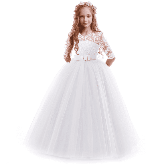 IDOPIP Flower Girls Vintage Floral Lace Dress 3/4 Sleeve Floor Length Tulle Dresses Wedding Party Evening Formal Pegeant Dance Prom Ball Gown 3-4 Years,White