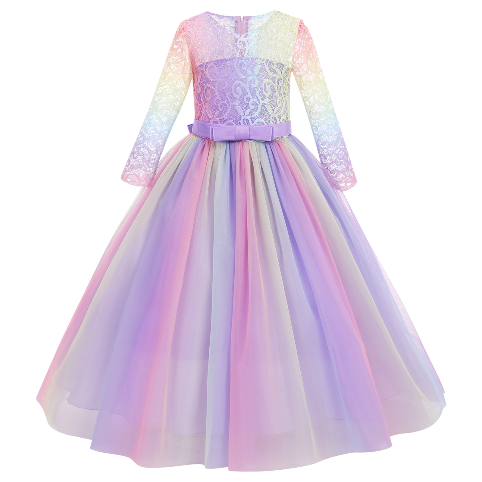 IDOPIP Flower Girls Vintage Lace Dress Kids 3/4 Sleeve Tulle Dresses Wedding Party Prom Ball Gown