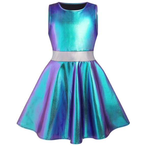 IDOPIP Girl Shiny Metallic Dress Toddler Holographic Skater Dress Metallic Music Festivals Birthday 80s Sparkly Outfits Kids Alien Halloween 90s Prom Swing Skater Dress 7-8 Years Blue White