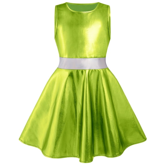 IDOPIP Girl Shiny Metallic Dress Toddler Holographic Skater Dress Metallic Music Festivals Birthday 80s Sparkly Outfits Kids Alien Halloween 90s Prom Swing Skater Dress 11-12 Years Green White
