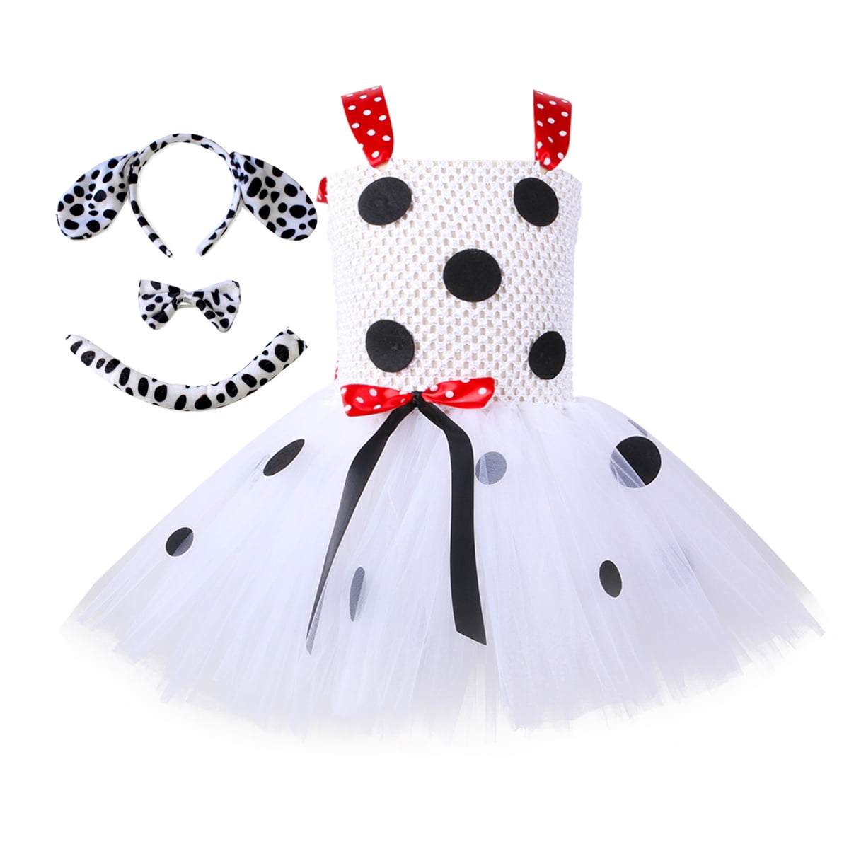 IDOPIP Girls Dalmatian Costume Set Spotted Puppy Dog Dress up Tulle Tutu  Skirt Set with Dog Ear Headband Bowtie Tail for Toddler Kids Girls  Halloween Costume Cosplay Party 8-9 Years White Dalmatian 