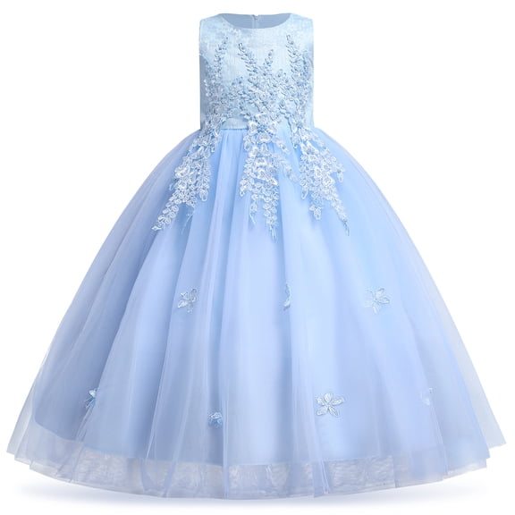 IDOPIP Girls Flower Vintage Lace Princess Long Dress for Kids Tulle Pageant Formal Party Wedding Bridesmaid Puffy Floor Dance Evening Gown 5-6 Years Blue
