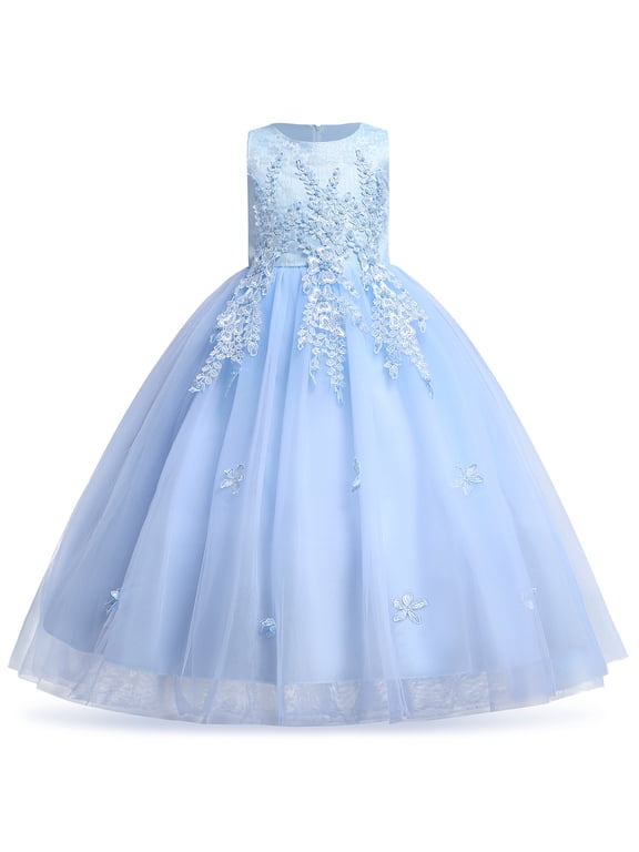 Girls Flower Vintage Lace Princess Long Dress for Kids Tulle Pageant Formal Party Wedding Bridesmaid Puffy Floor Dance Evening Gown 5-6 Years Blue