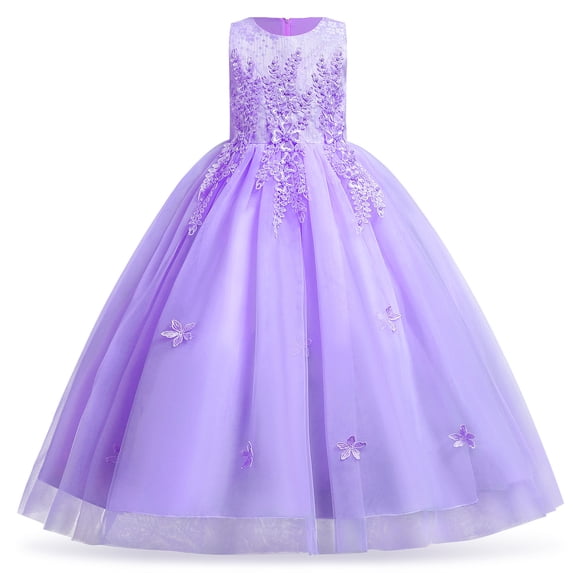 IDOPIP Girls Flower Vintage Lace Princess Long Dress for Kids Tulle Pageant Formal Party Wedding Bridesmaid Puffy Floor Dance Evening Gown 9-10 Years Light Purple