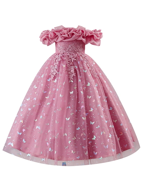 Girls Formal Dress Kids Party Ball Gown Daughter Dance Dresses Sparkly Round Neck Lace Tiered Tulle Flower Girl Dress 3-4 Years