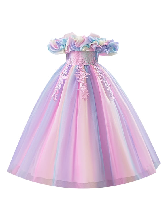 Girls Formal Dress Kids Party Ball Gown Daughter Dance Dresses Sparkly Round Neck Lace Tiered Tulle Flower Girl Dress 3-4 Years