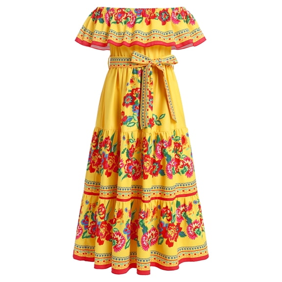 IDOPIP Girls Mexican Dress Spring Summer Floral Print Off-Shoulder Ruffle Traditional Folk Maxi Dress Belted Cinco De Mayo Fiesta Sundress 5-6 Years Yellow