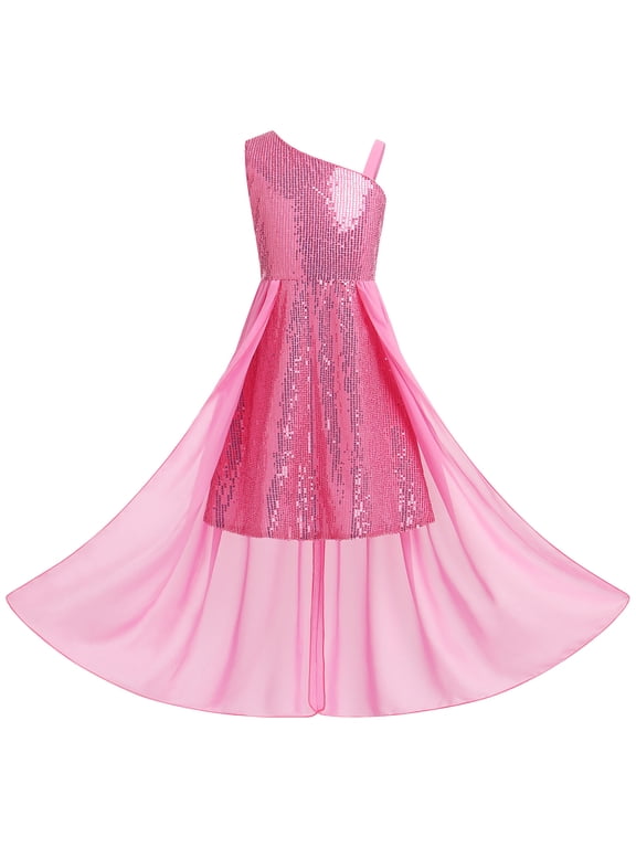 Girls Sequin Dress One Shoulder Birthday Party Prom Dresses Sparkly Pageant Graduation Dresses