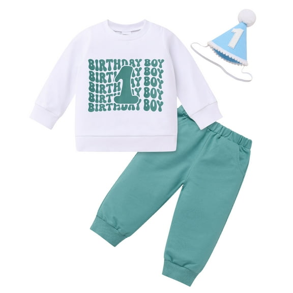 IDOPIP Infant Baby First Birthday Cake Smash Outfit Sets Comfy Fall Crewneck Pullover Cute Green Pants Size 12-18M