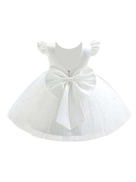 Infant Baby Girls Wedding Flower Girl Dress Satin Pearls Tulle Tutu Dress Bowknot V Back Pageant Party Princess Birthday Formal Dresses 12-18 Months White