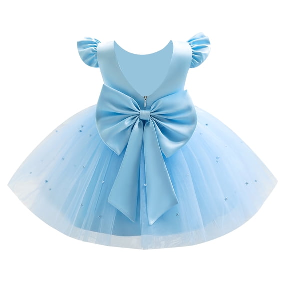 IDOPIP Infant Baby Girls Wedding Flower Girl Dress Satin Pearls Tulle Tutu Dress Bowknot V Back Pageant Party Princess Birthday Formal Dresses 12-18 Months Blue