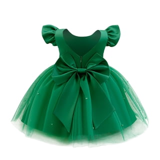 IDOPIP Infant Baby Girls Wedding Flower Girl Dress Satin Pearls Tulle Tutu Dress Bowknot V Back Pageant Party Princess Birthday Formal Dresses 12-18 Months Green