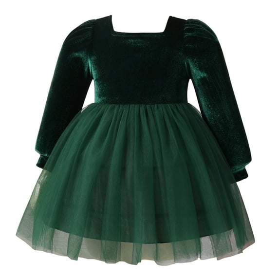 IDOPIP Infant Velvet Dresses Baby Girl Long-sleeved Dress Autumn and Winter Tutu Dress 12-18M Green