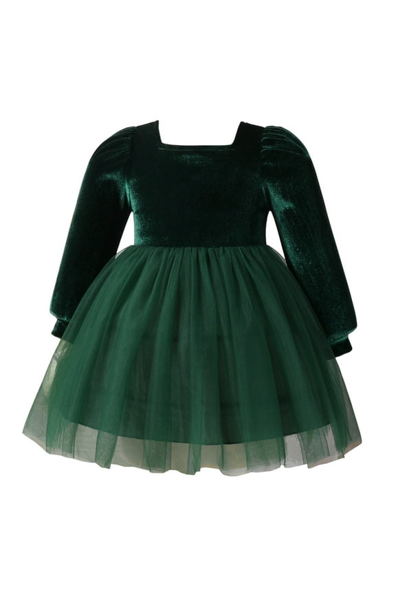 Infant Velvet Dresses Baby Girl Long-sleeved Dress Autumn and Winter Tutu Dress 2-3Y Green