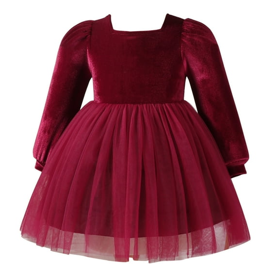 IDOPIP Infant Velvet Dresses Baby Girl Long-sleeved Dress Autumn and Winter Tutu Dress 2-3Y Jujube Red