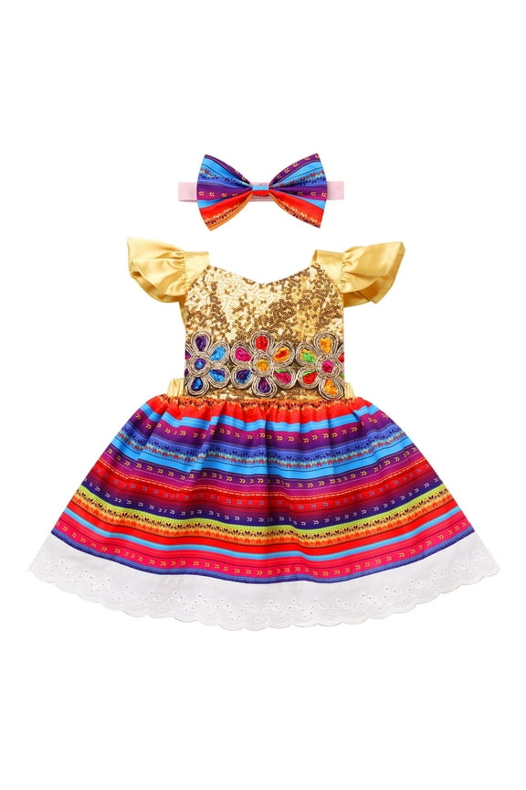 Infants Baby Girls Mexican Dress Traditional Folk Sequins Glitters Ruffle Dress with Headband