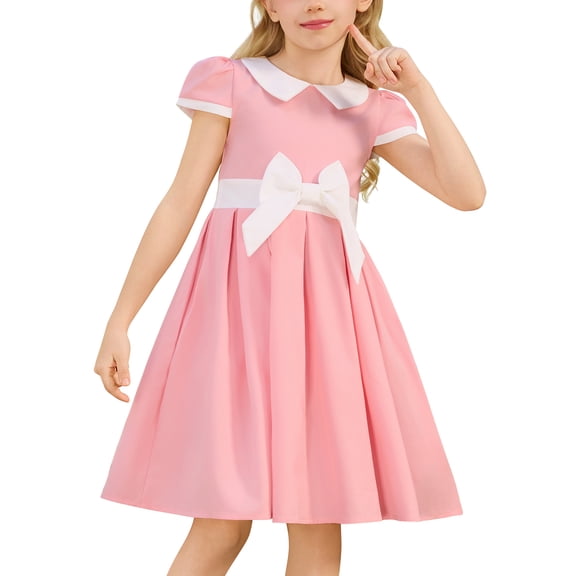 IDOPIP Kids Girls 1950s Retro Vintage Dress Short Puff Sleeve Contrast Panel Swing Party Dresses 7-8 Years Pink
