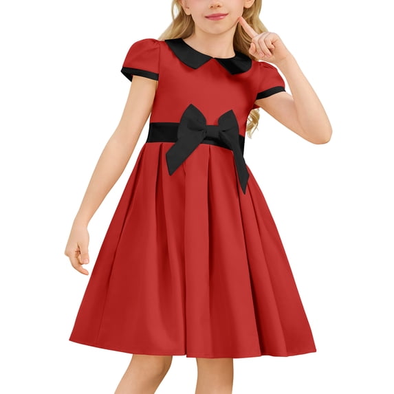 IDOPIP Kids Girls 1950s Retro Vintage Dress Short Puff Sleeve Contrast Panel Swing Party Dresses 7-8 Years Red