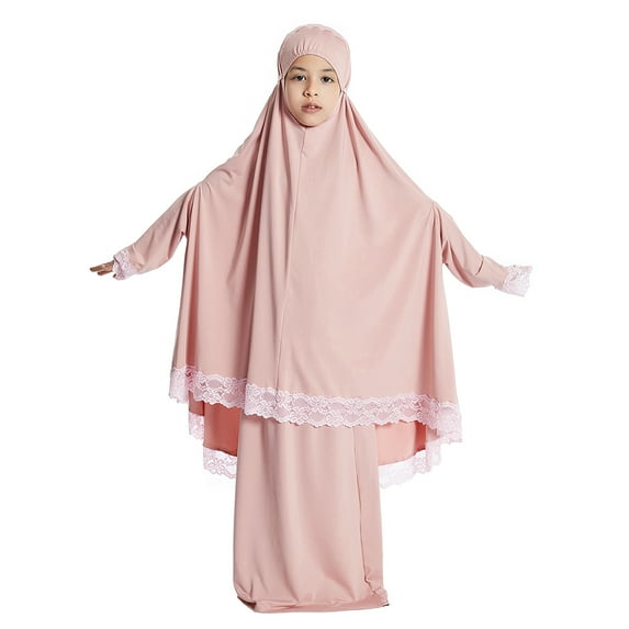 IDOPIP Kids Girls Abaya Muslim Full Cover Lace Hijab Dress 2pcs Kaftan Dubai Islamic Prayer Dress