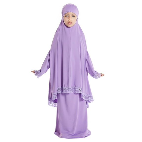 IDOPIP Kids Girls Abaya Muslim Full Cover Lace Hijab Dress 2pcs Kaftan Dubai Islamic Prayer Dress