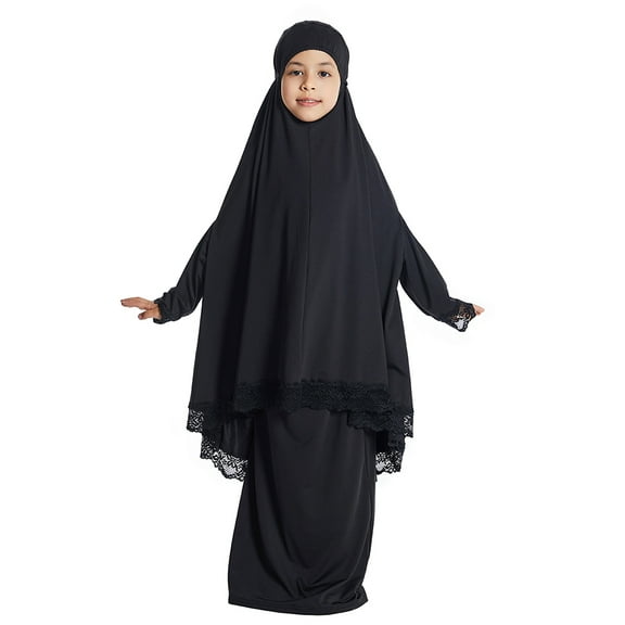 IDOPIP Kids Girls Abaya Muslim Full Cover Lace Hijab Dress 2pcs Kaftan Dubai Islamic Prayer Dress