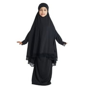 IDOPIP Kids Girls Abaya Muslim Full Cover Lace Hijab Dress 2pcs Kaftan Dubai Islamic Prayer Dress