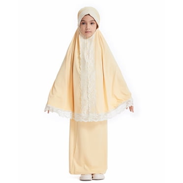 Muslim Girls Floral Abaya Kaftan Set With Hijab - Pink Long Sleeve Kids Maxi Dress