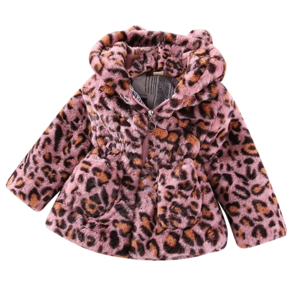 IDOPIP Kids Girls Fall Winter Leopard Faux Fur Hooded Coat Jacket Thick Fleece Windproof Parka Outwear
