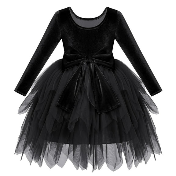 IDOPIP Toddler Girls Velvet Tulle Tutu Dress Long Sleeve Bowknot Christmas Dress Fall Winter Dresses
