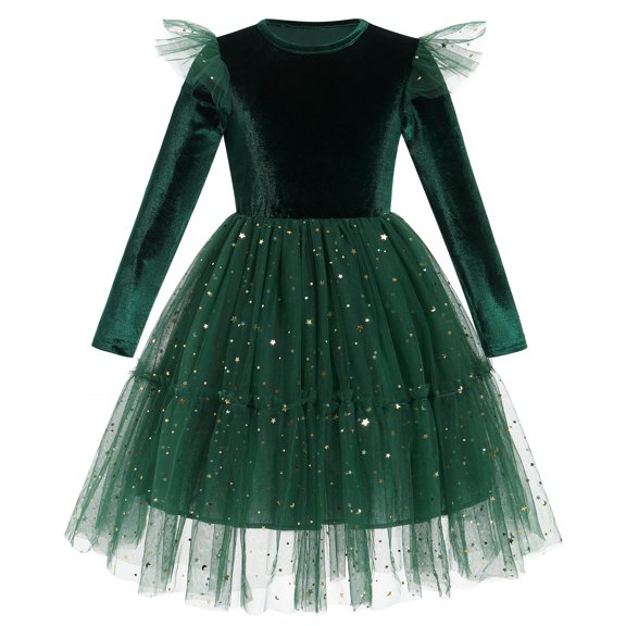 IDOPIP Toddler Girls Velvet Tutu Dress Sparkle Star Sequins Tulle Christmas Party Fall Winter Dresses