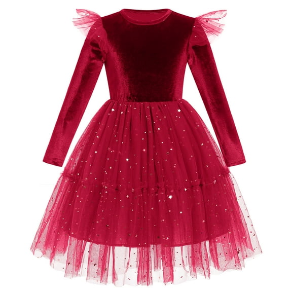 IDOPIP Toddler Girls Velvet Tutu Dress Sparkle Star Sequins Tulle Christmas Party Fall Winter Dresses